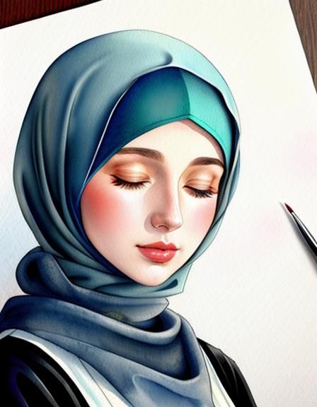 Watercolor Portrait of a Cute Hijabi Woman