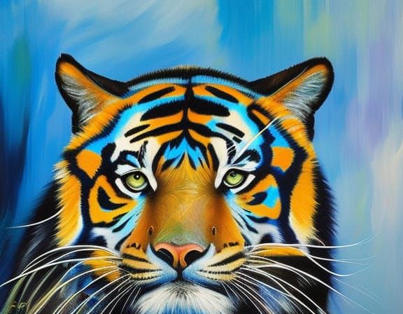 blue tiger neo-impressionism expressionist style oil painting, smooth post-impressionist impasto acrylic painting, thick...