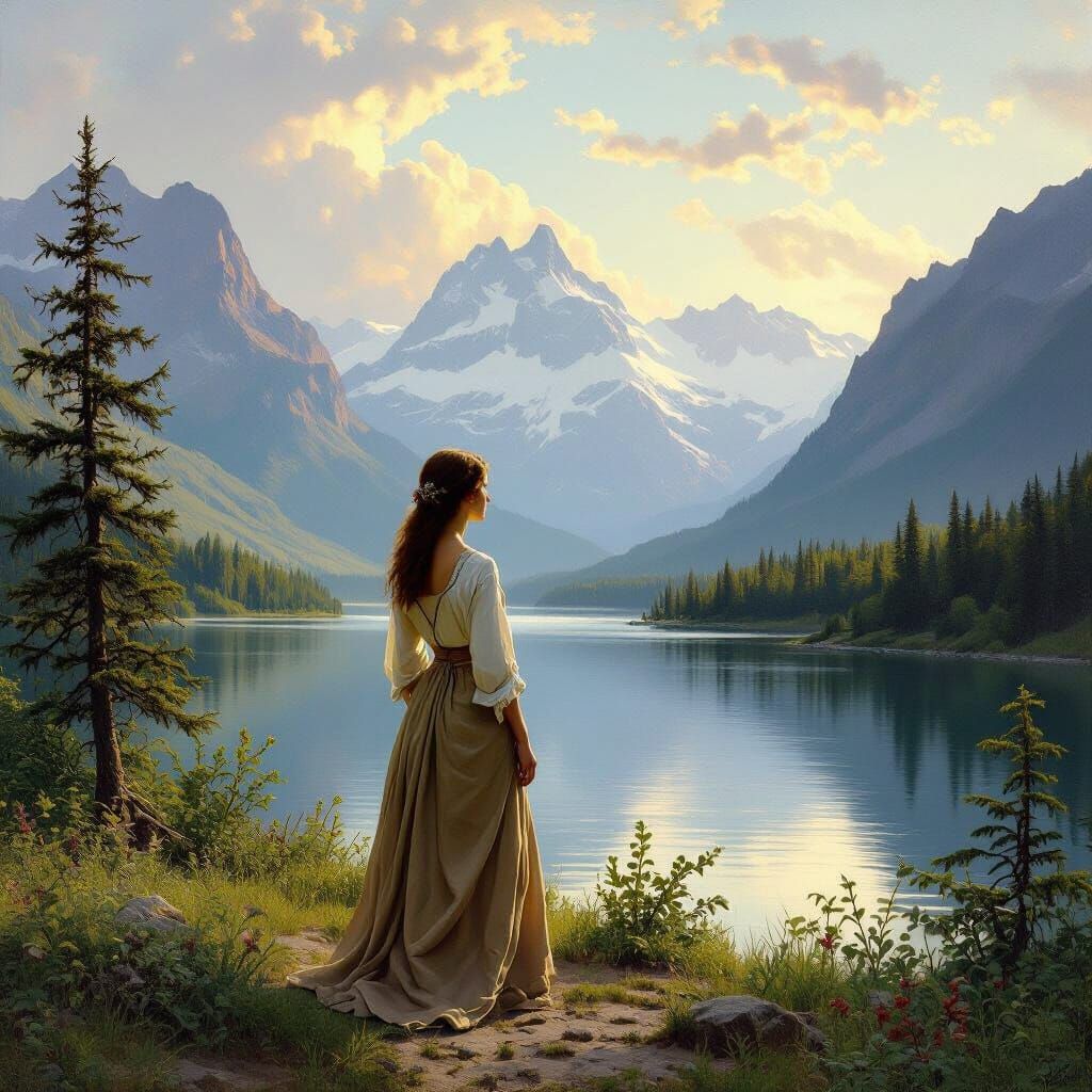 Woman by Serene Lake and Mountains in Dramatic Light