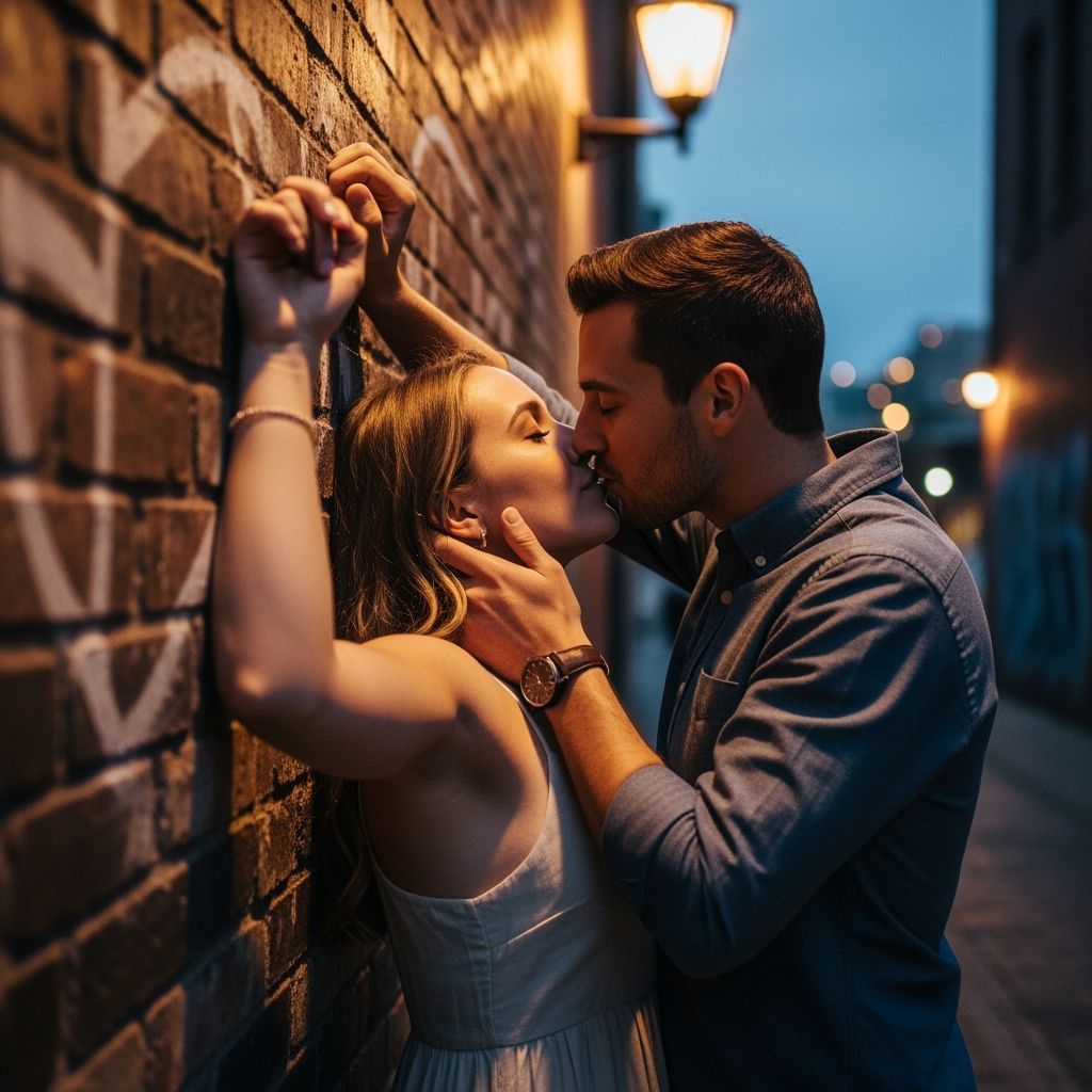 Romantic Alleyway Kiss at Dusk