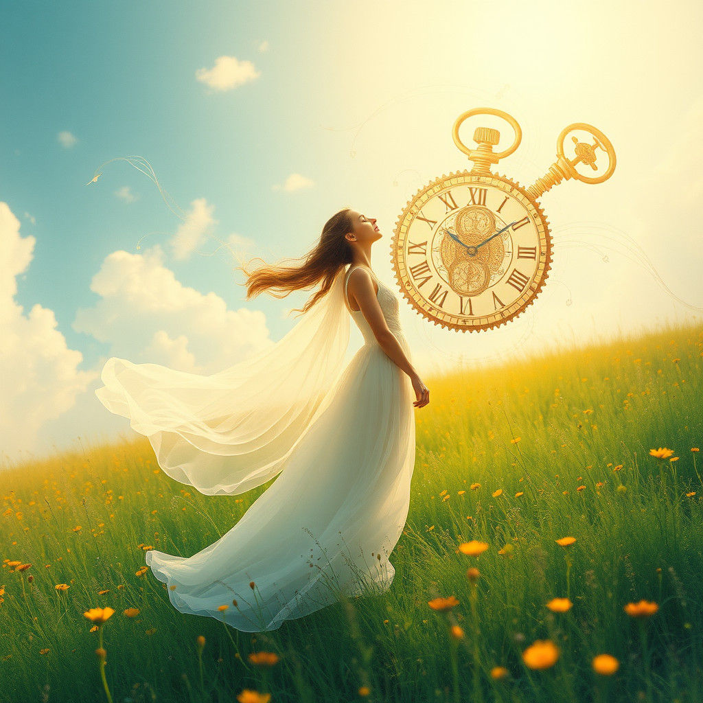 Ethereal Woman in Meadow with Clockwork Sky