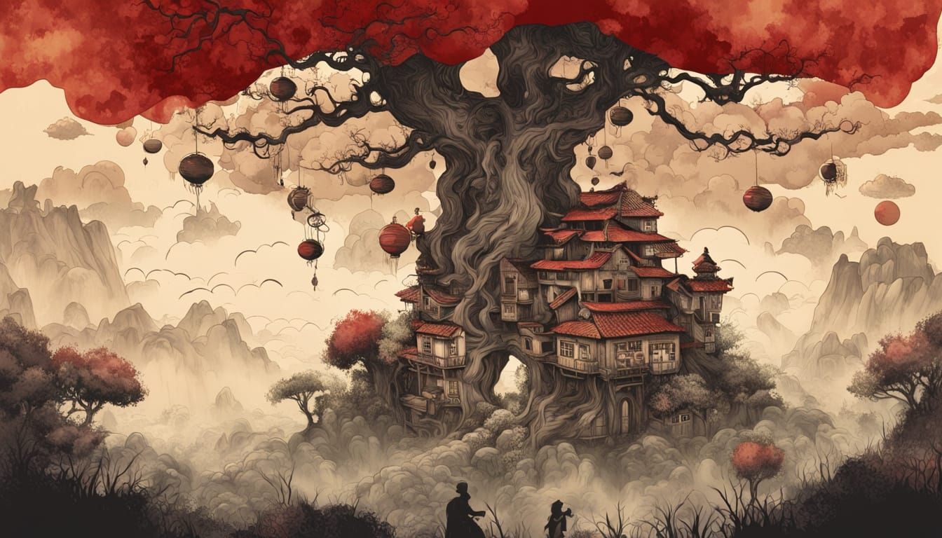 Jack and the Beanstalk in Chinese Ink Painting