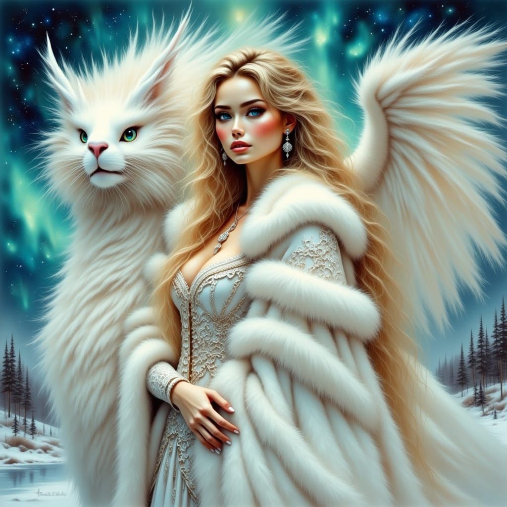 Ice Princess and Dragon in Antique Watercolor Style