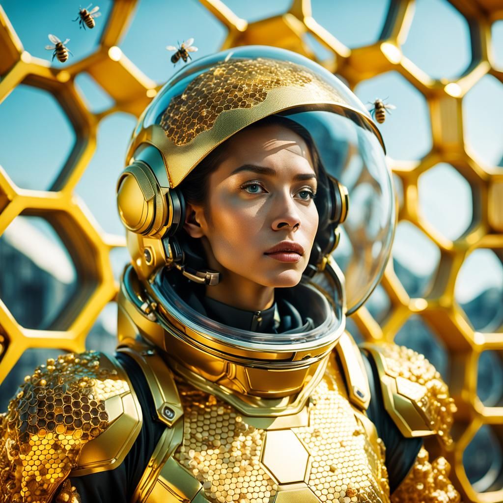 Astronaut in Gold Dress with Honeycomb Structures