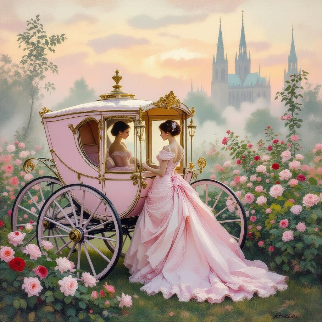 Victorian Carriage in Rose Garden, Impasto Painting