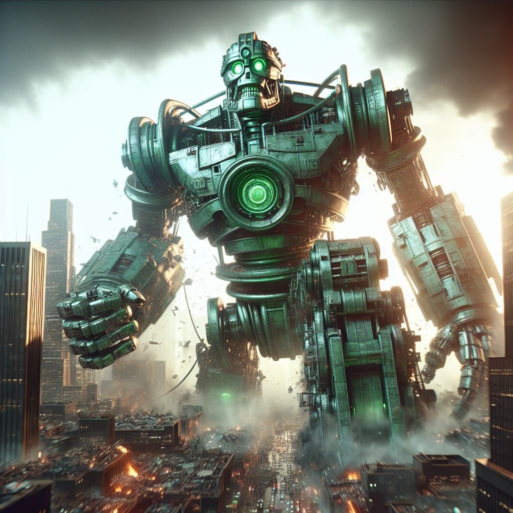 Giant Green Robot Wrecks Havoc in Futuristic Cityscape