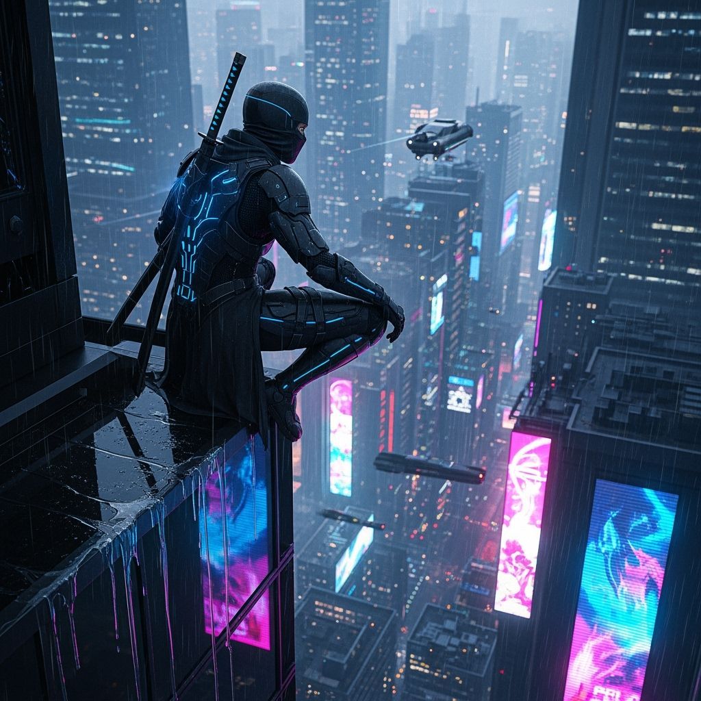 Cyber Ninja Overlooking Neon Cityscape