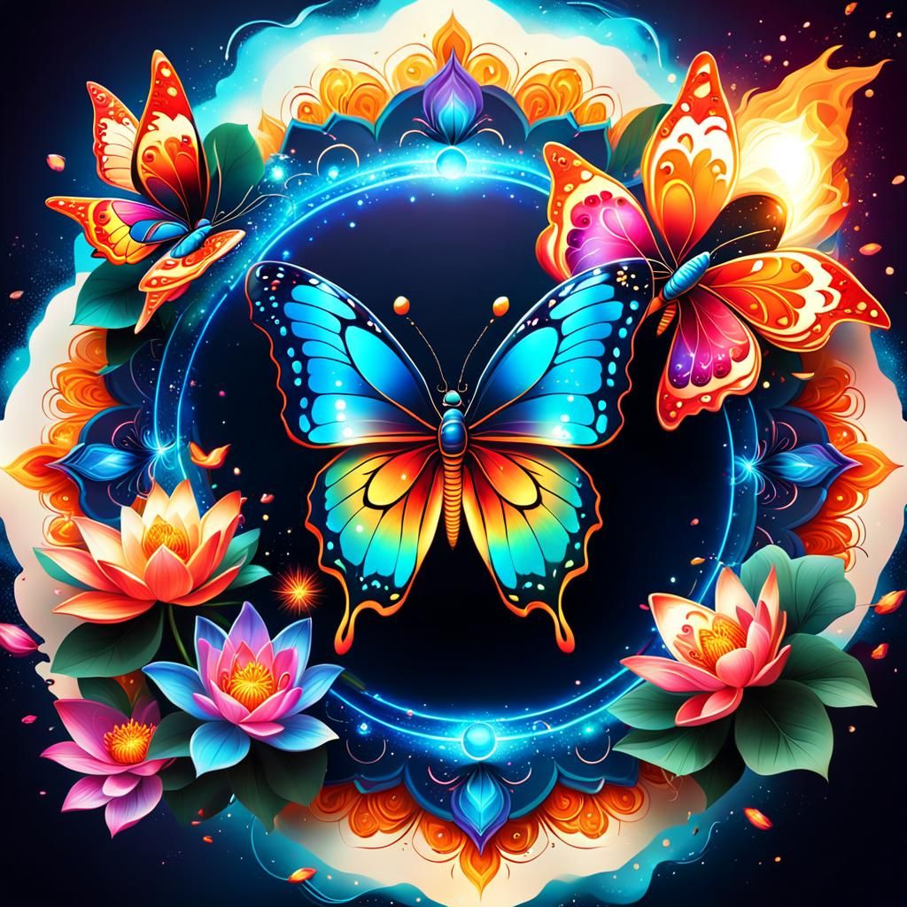 Neon Space Banner with Butterfly Mandala