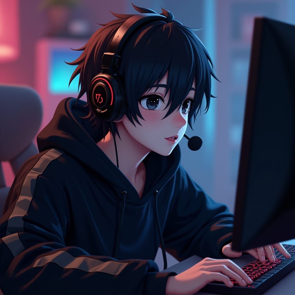 Man Gaming with Headset in 3D Anime Style