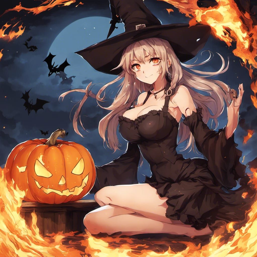 Anime Witch with Flaming Pumpkin