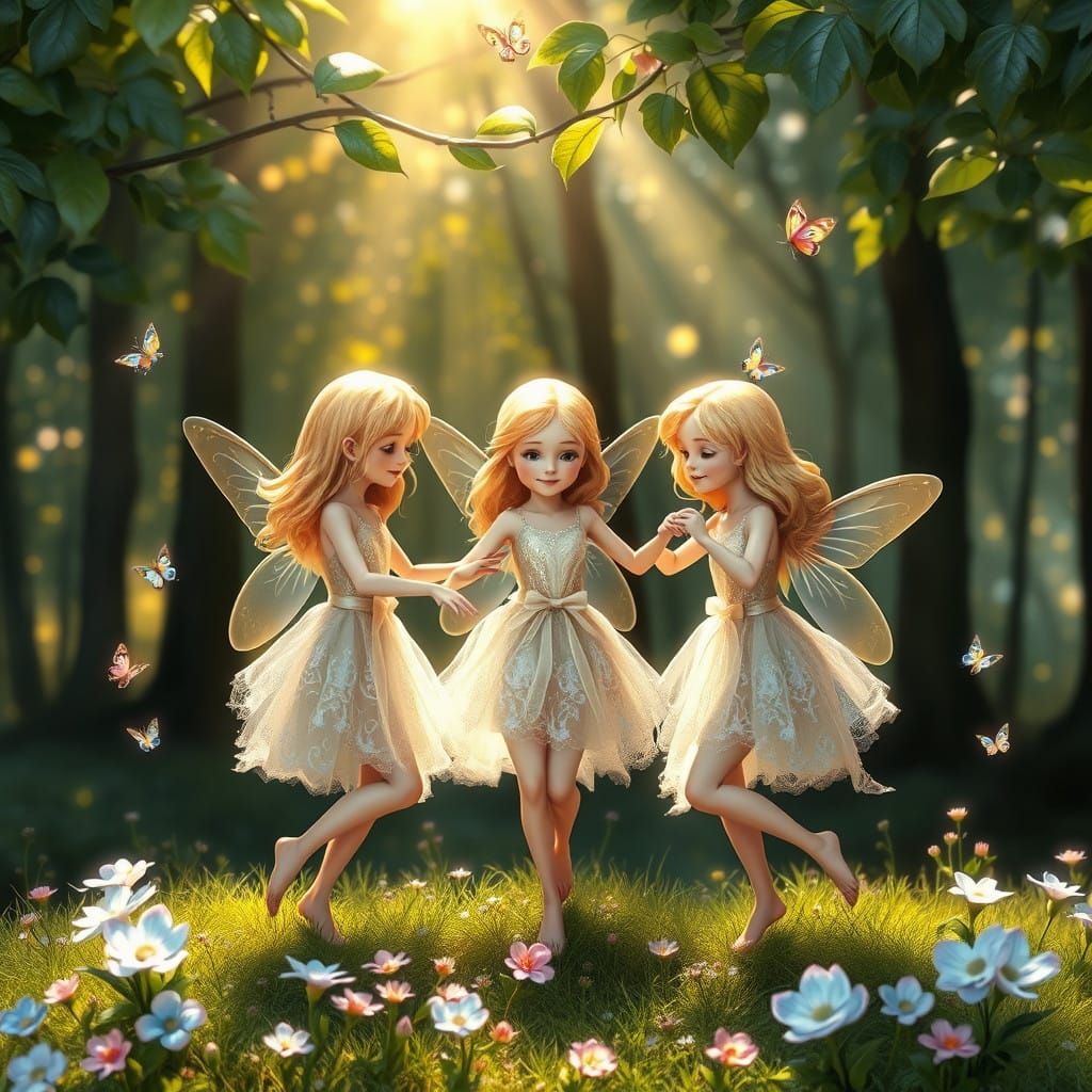 Whimsical Fairy Sisters Dance in Enchanted Forest Glade