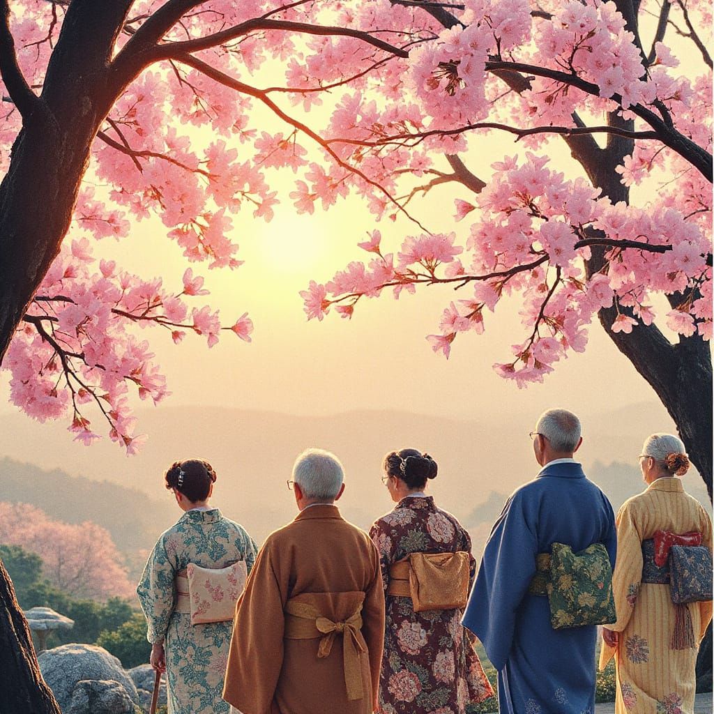 Elderly Japanese People Enjoying Sakura in Ukiyo-e Style