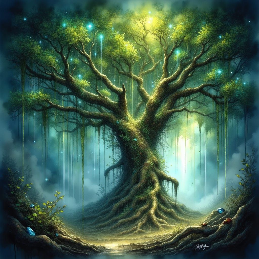 Ancient Bioluminescent Tree With Crystal Roots in Misty Clea...