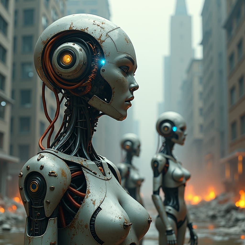 Mechanical Humanoids in Dystopian Cityscape