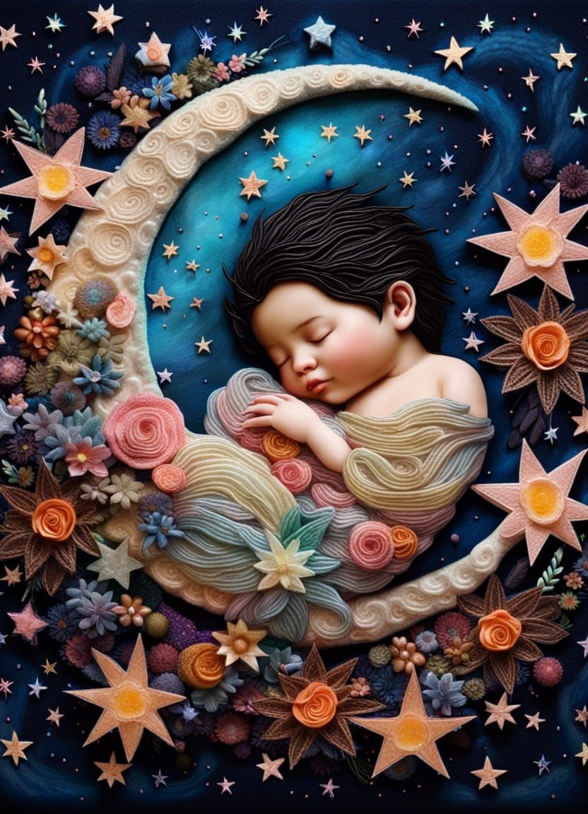 Sleeping Baby in Flowery Moon, 3D Textile Art