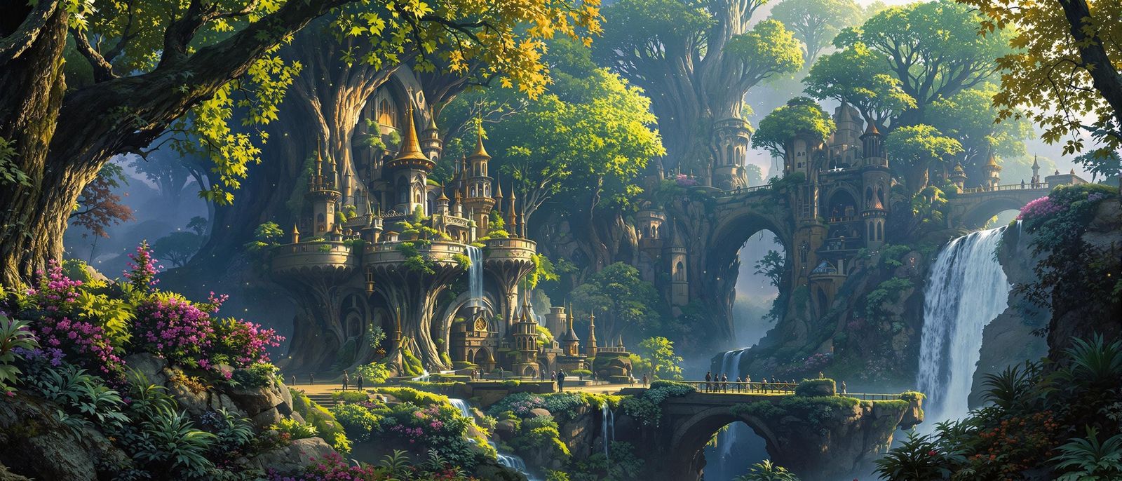 Enchanted Elven City Waterfall Fantasy Digital Painting