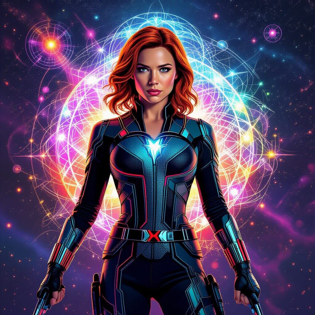 Black Widow Cosmic Illustration in Amaringo Style
