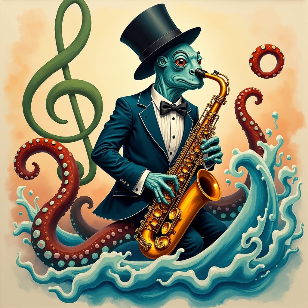 Jazz Octopus in Zoot Suit Playing Saxophone