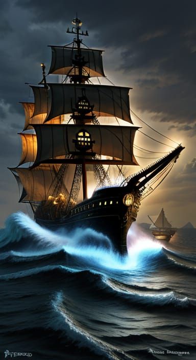 Sailing Vessel Battles Colossal Sea Monster Tentacles