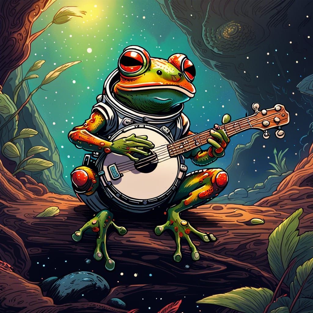 Astronaut Frog Plays Banjo in Comic Book Art