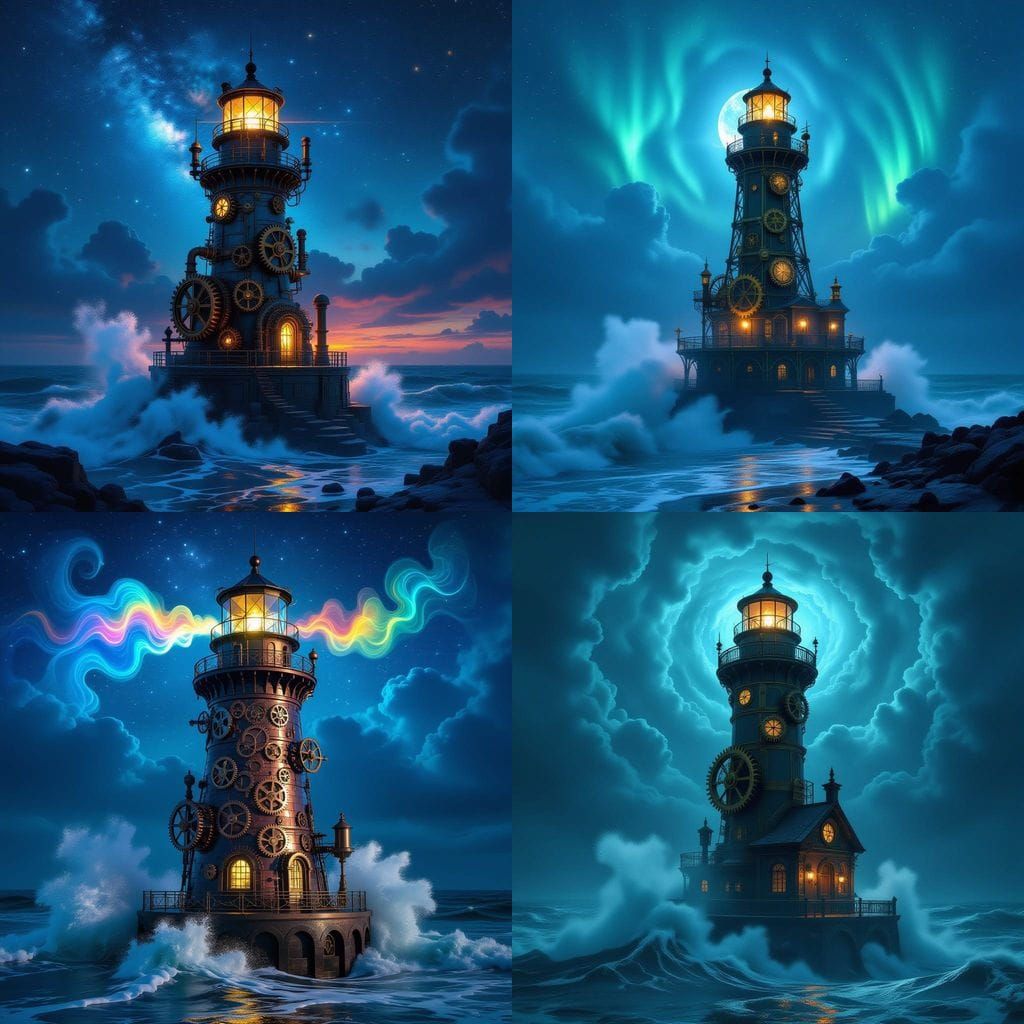 Steampunk Lighthouses in Cosmic Splendor