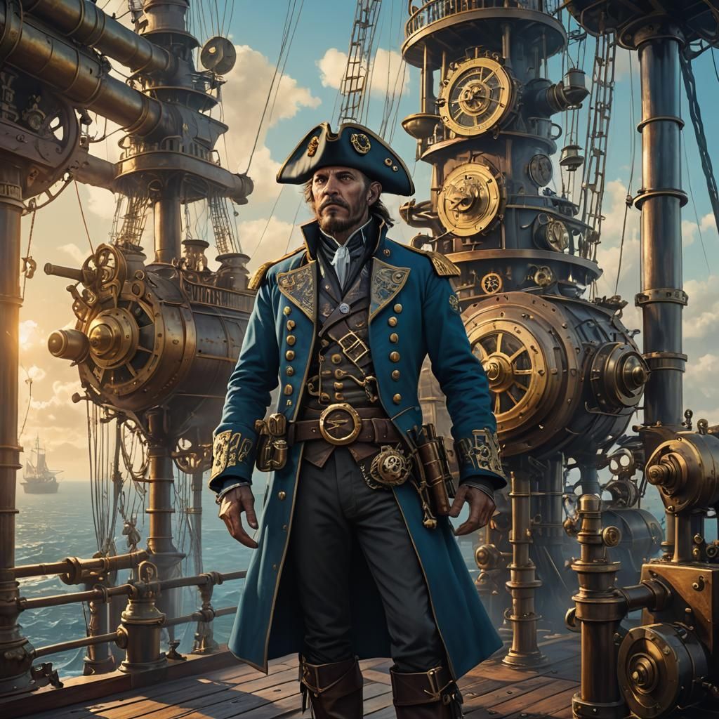 Steampunk Pirate Captain on Steam-Powered Galleon