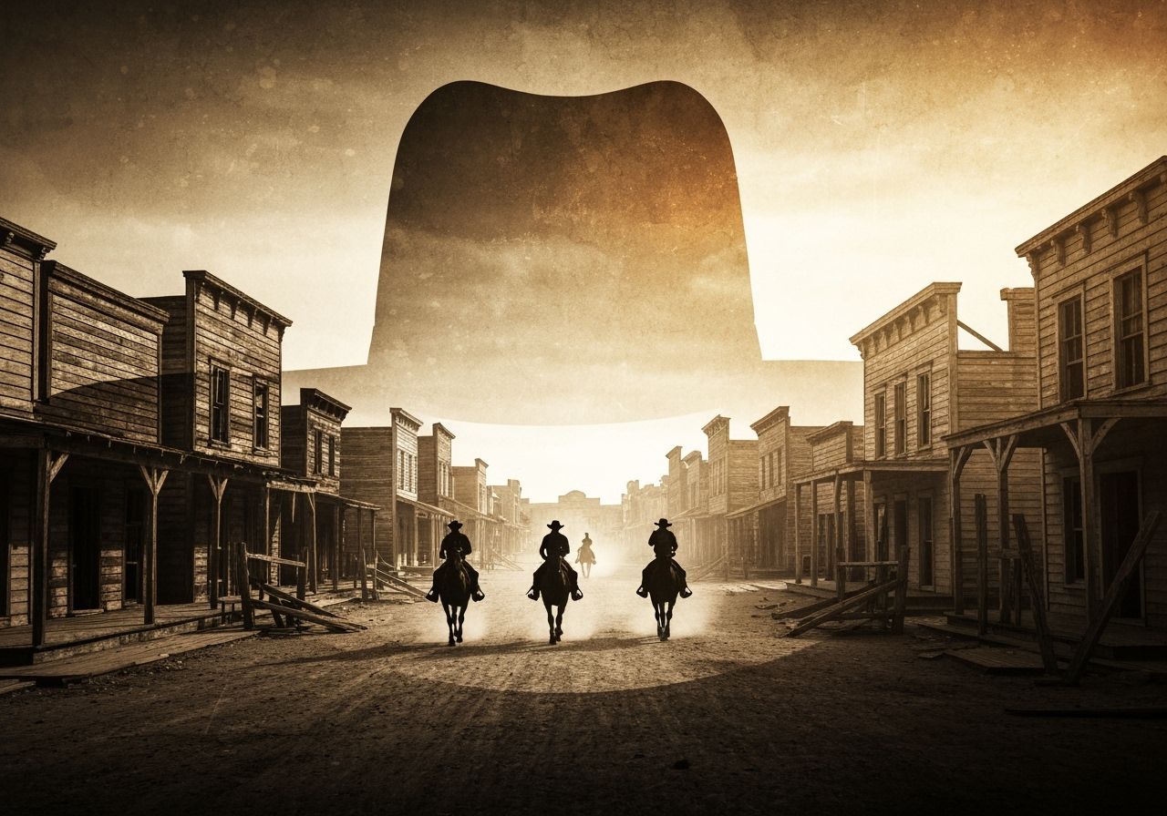 Cowboy Hat Silhouette with Ghost Town and Riders