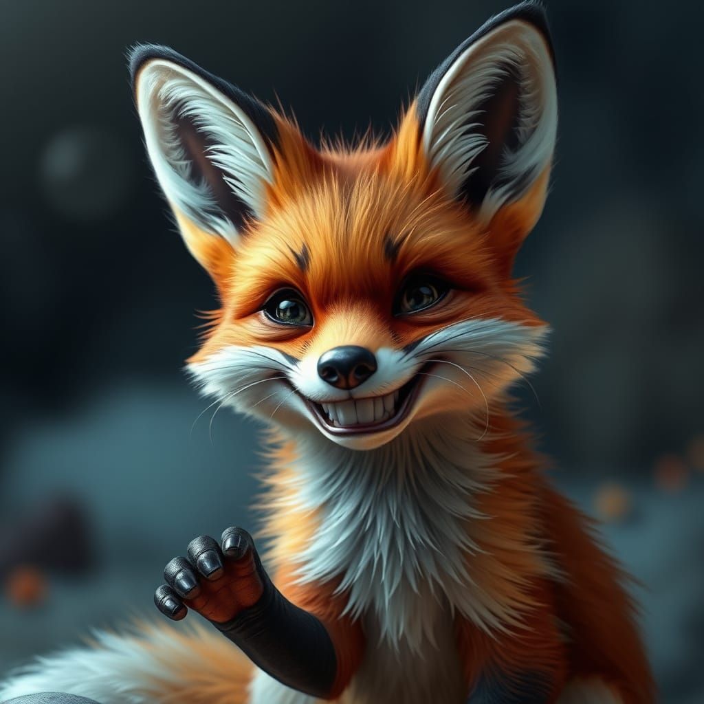 A cute little fox with a mischievous human grin, fantasy con...