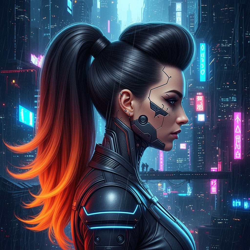 Cyberpunk Woman with Fiery Ponytail
