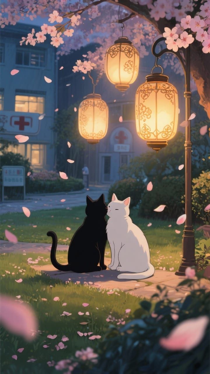 Cats Under Lanterns In Cherry Blossom Garden