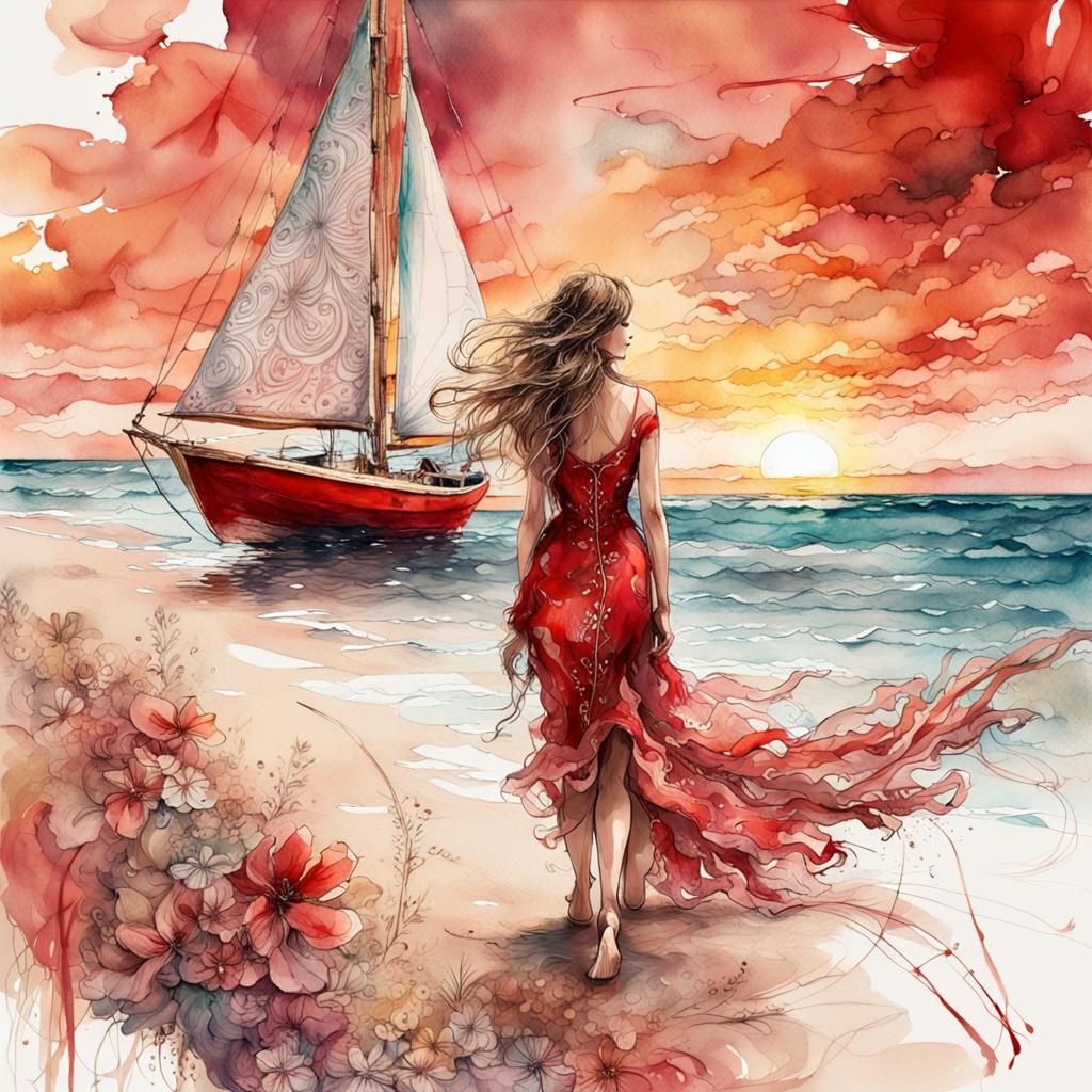 Woman in Red Dress on Tropical Beach, Watercolor and Ink