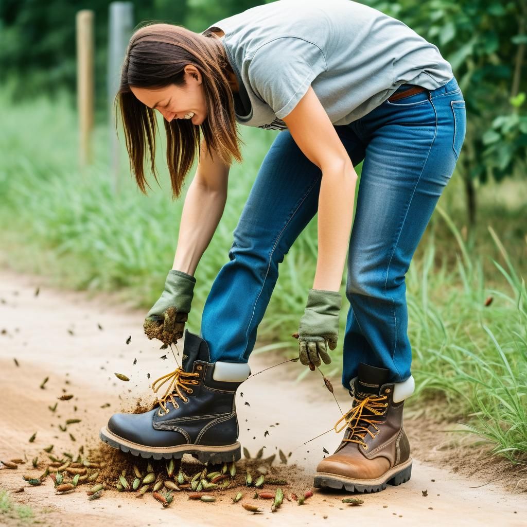 Woman Stomping Crickets in Work Boots