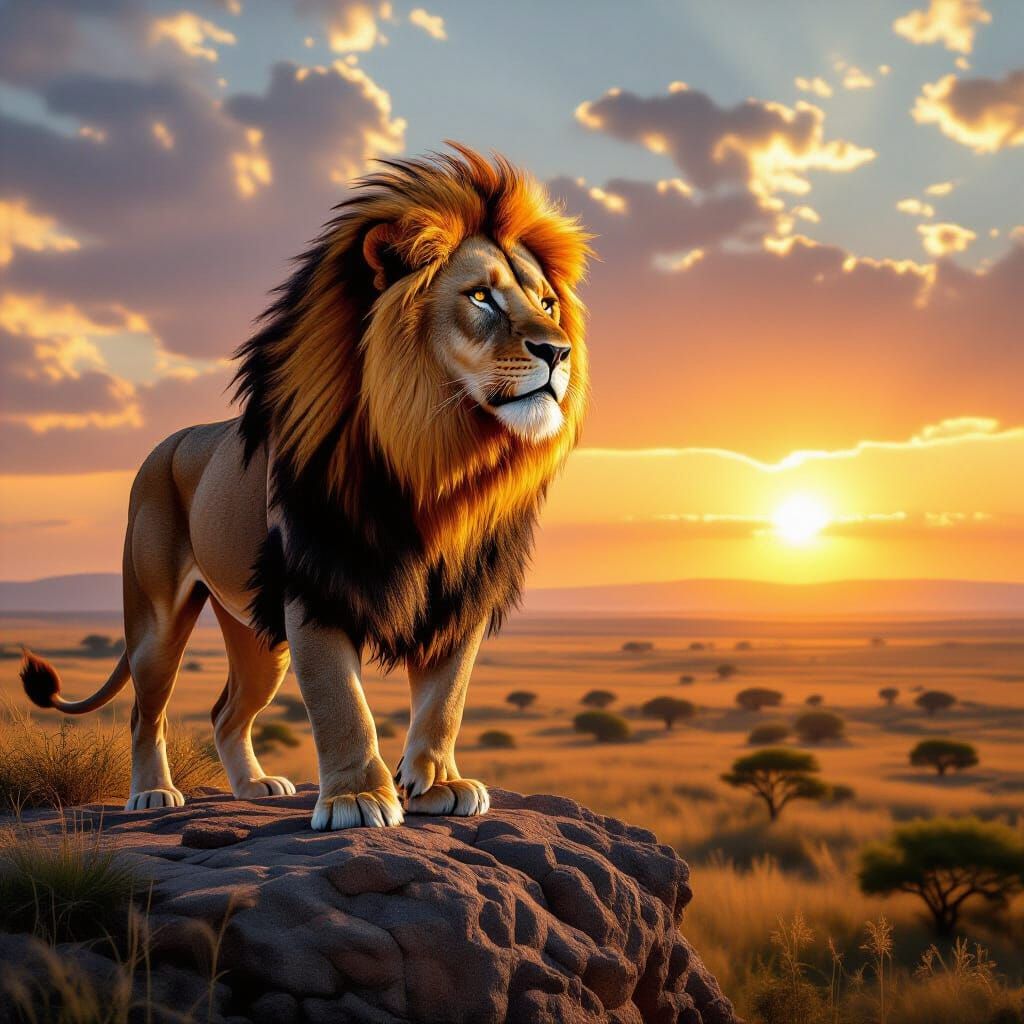 Majestic Lion with Fiery Mane on Savanna Cliff