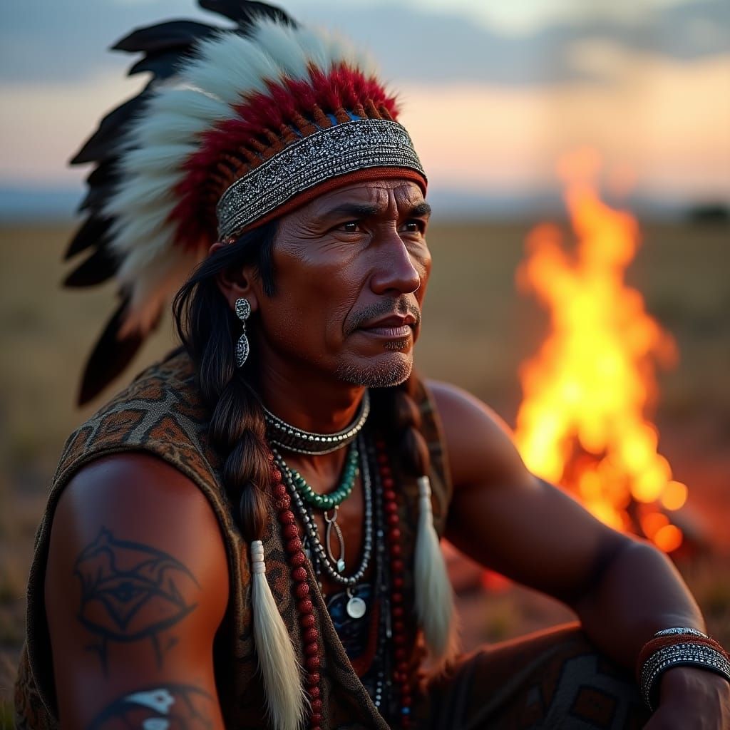 Native American Man in Traditional Dress by Bonfire