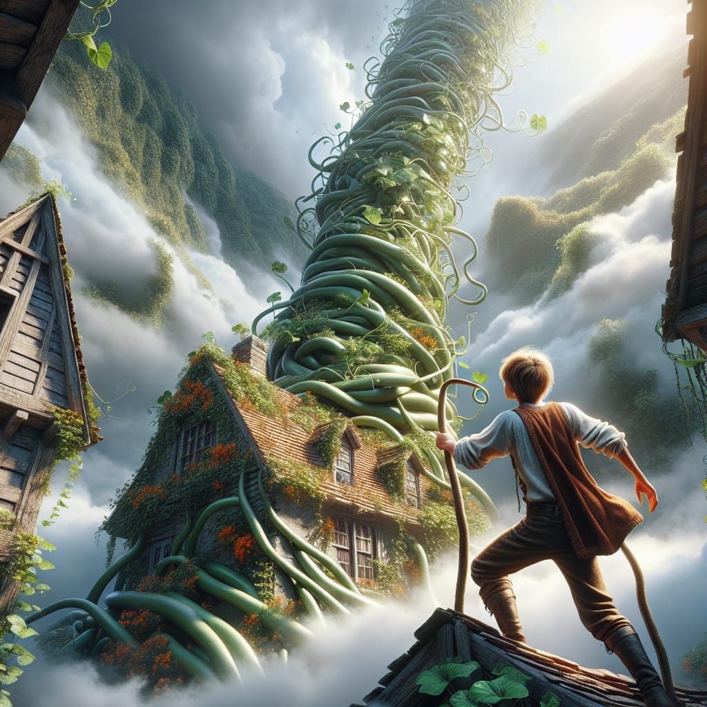 Boy Climbing Giant Beanstalk: Hyperrealistic Digital Art