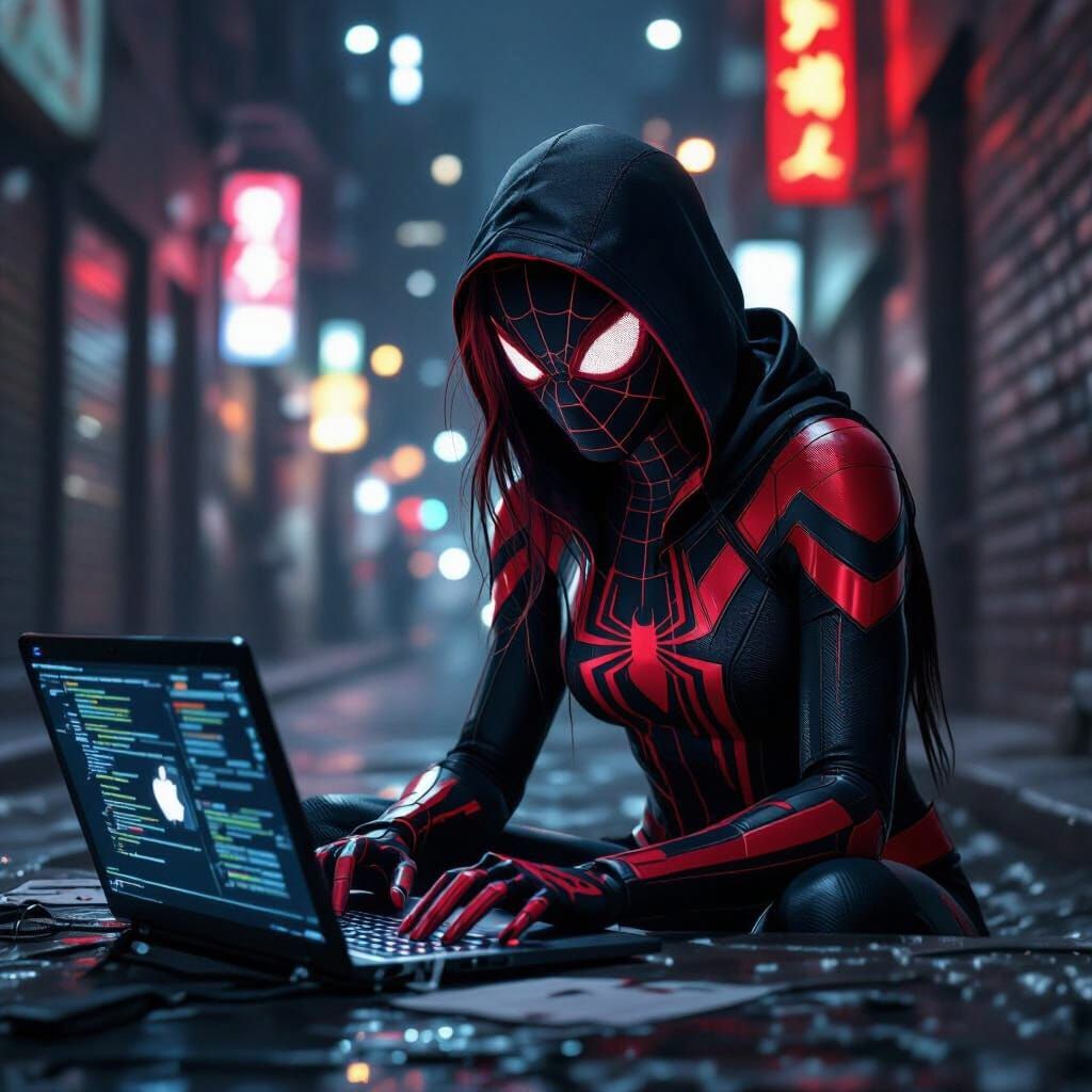 Female Spiderman Hacks Laptop in Neon Alley