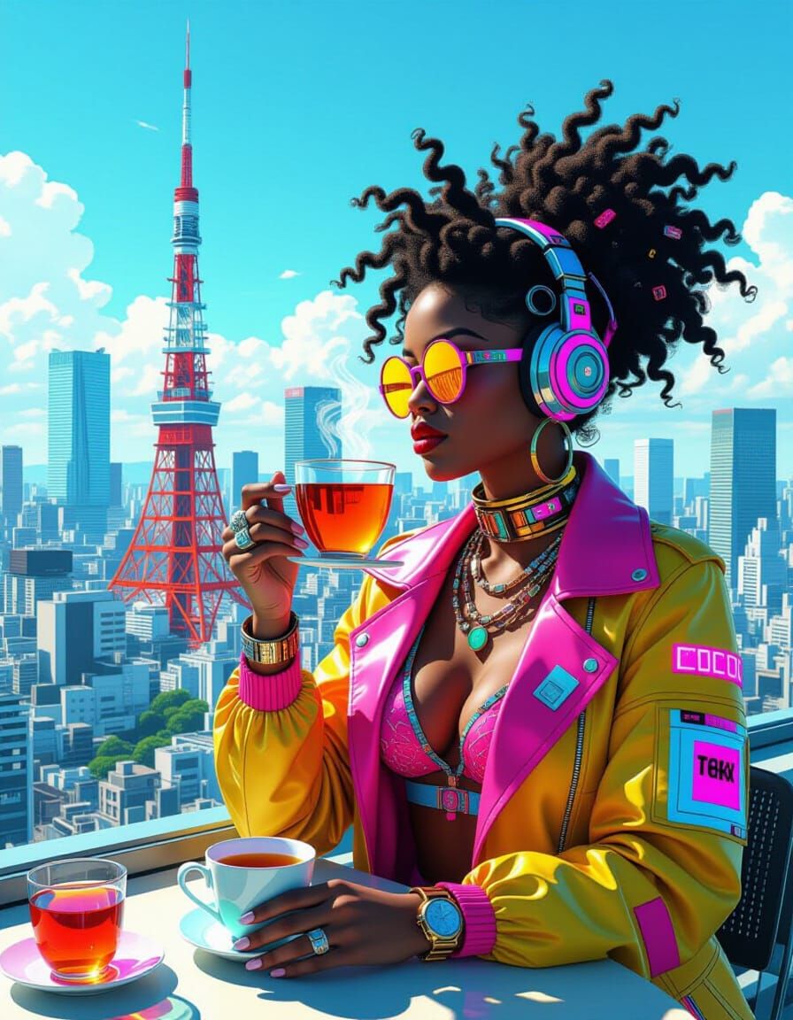 Afrofuturistic Afropunk Sipping Tea Over Tokyo, Cyberpunk St...