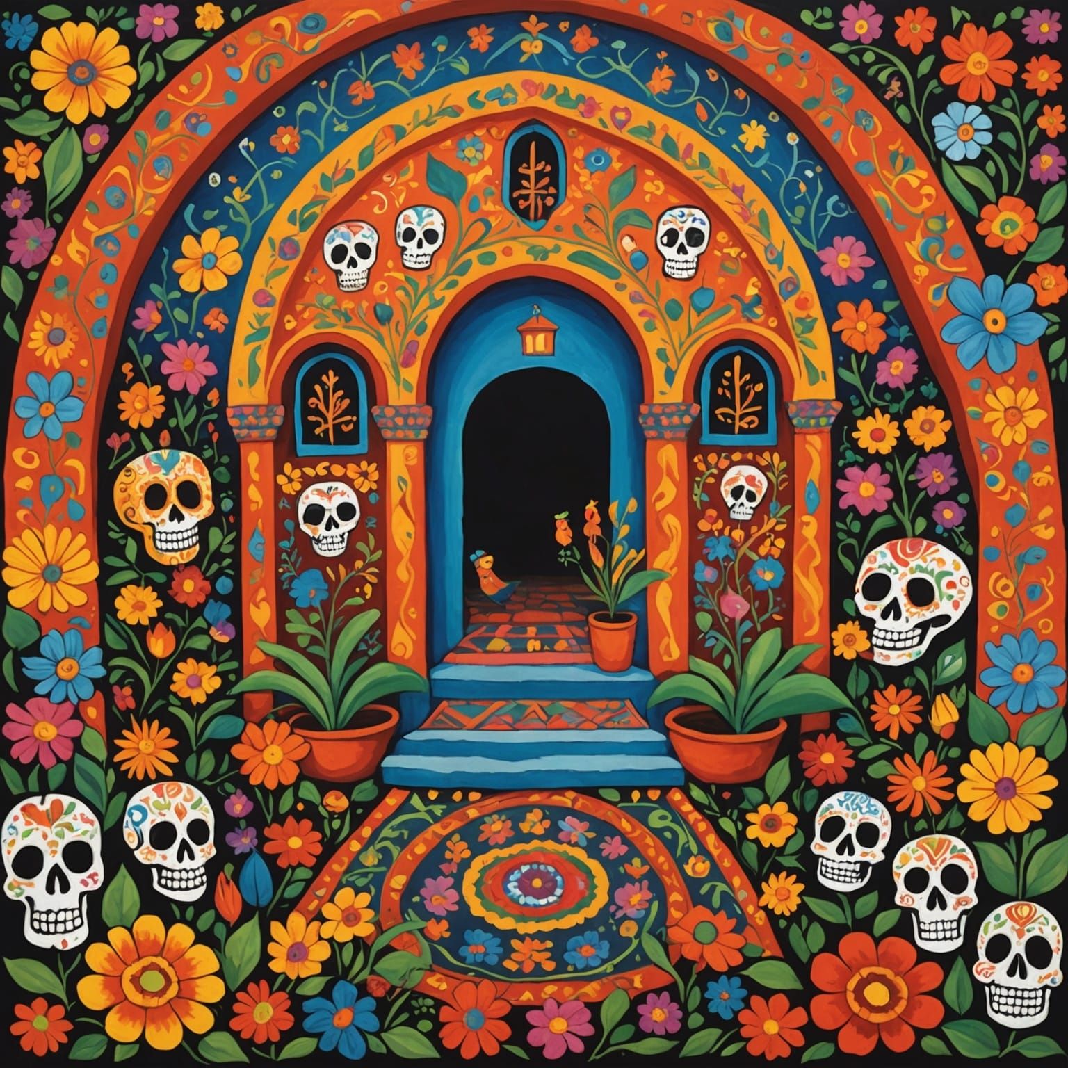 Day of the Dead Catacombs Painting in Folk Style