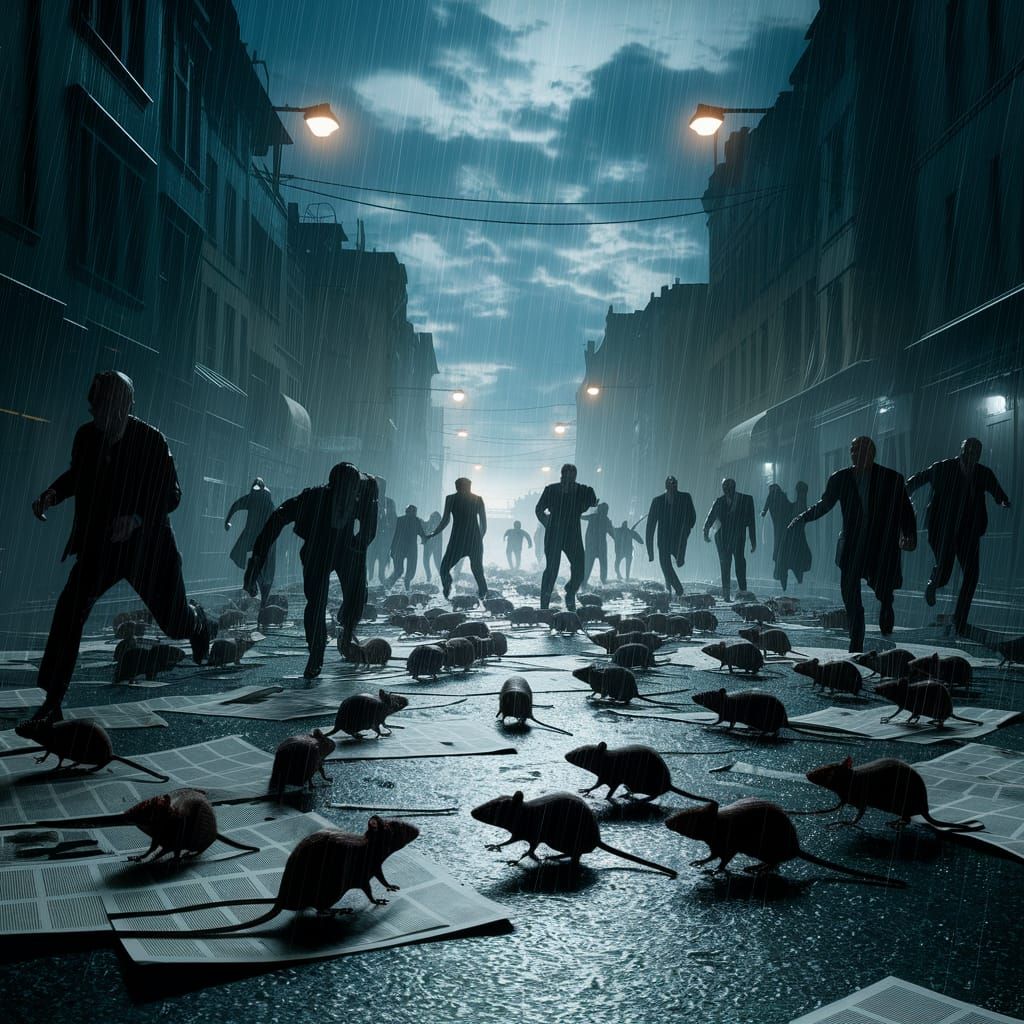Rats Flee in Terror as Rain Drenches Dark Urban Street