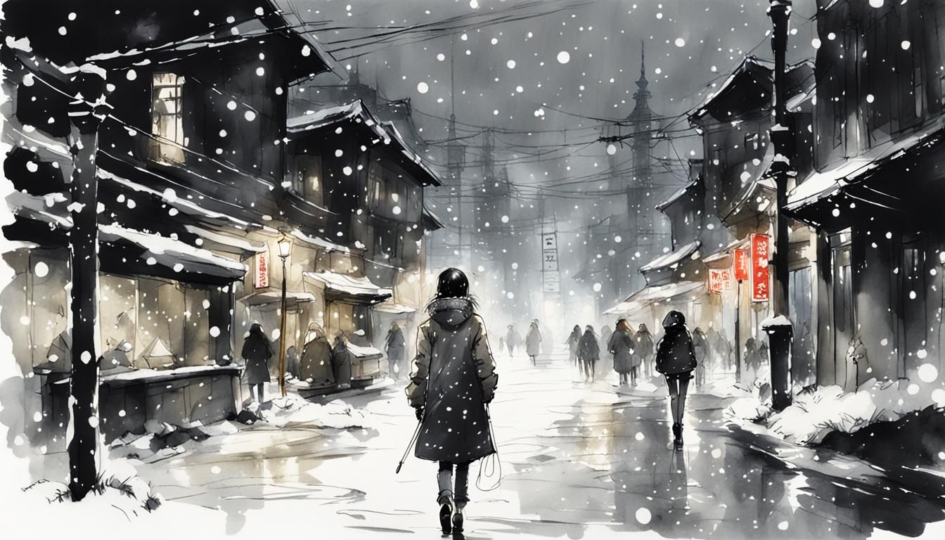Pretty Girl in Snowy City, Sumi-e Style