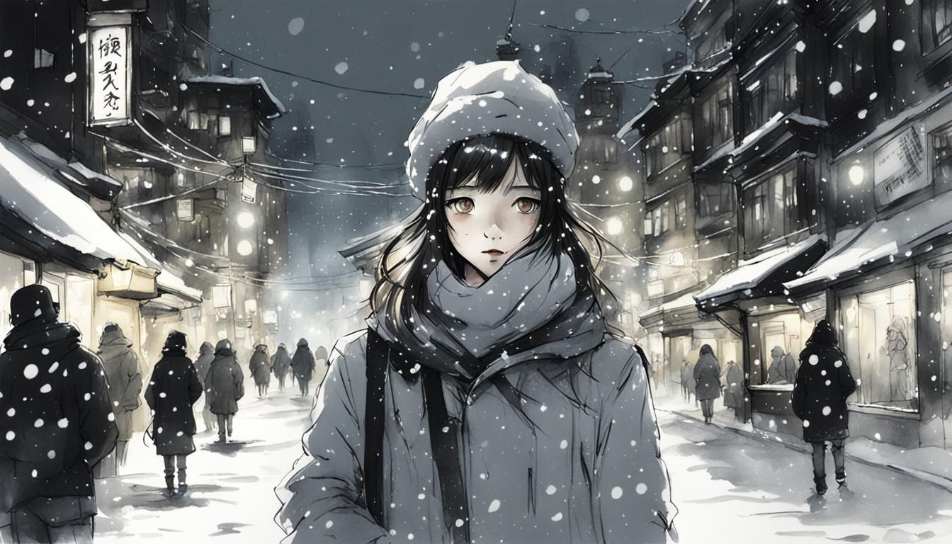 Pretty Girl in Snowy City, Sumi-e Style