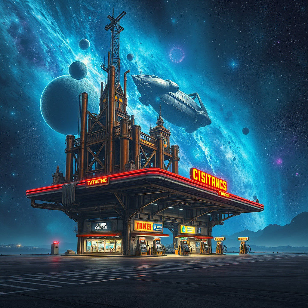 Majestic Space Gas Station in Digital Matte Painting Style