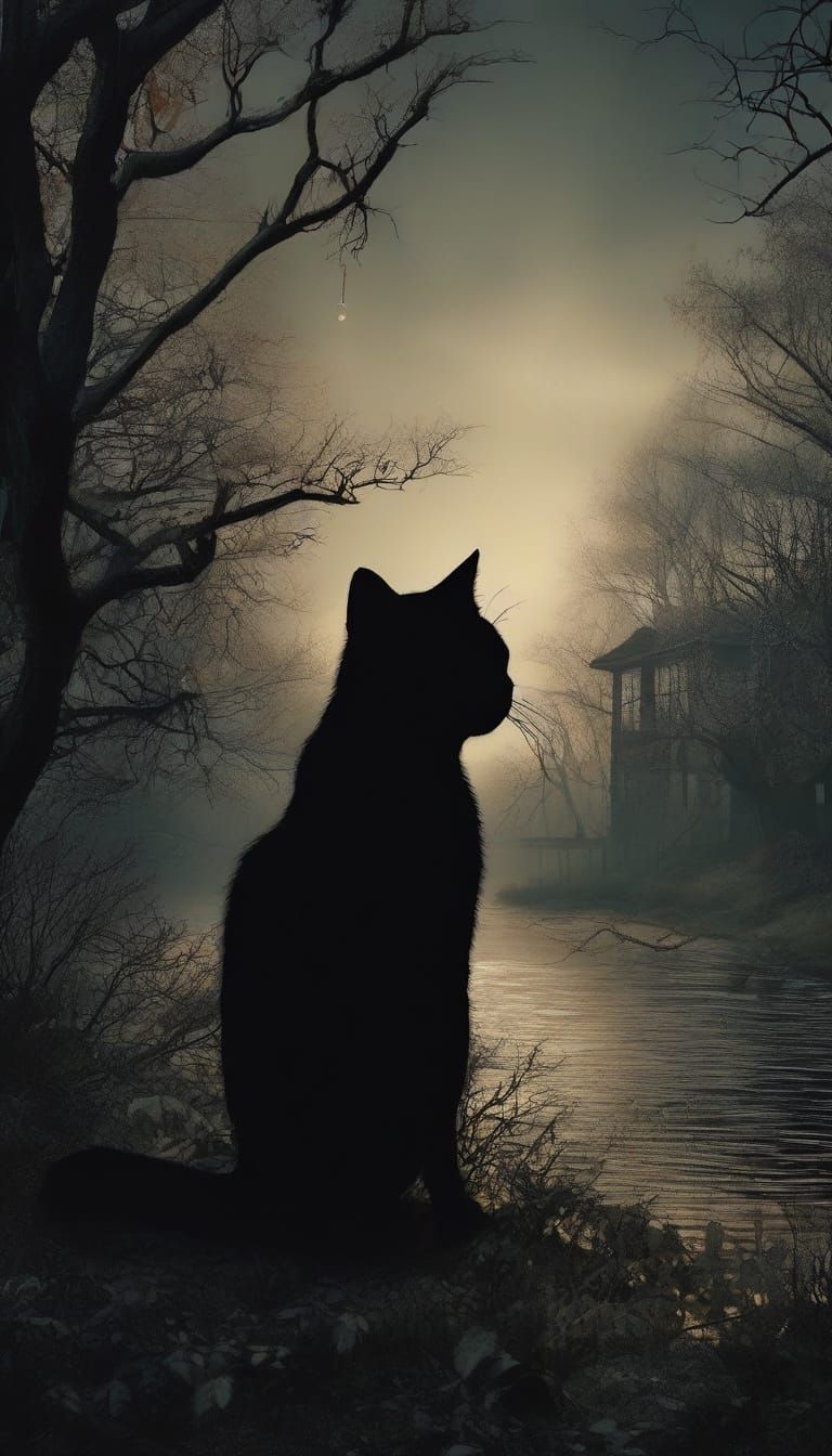 Ethereal Black Horror Cat Silhouette in Surrealist Haze