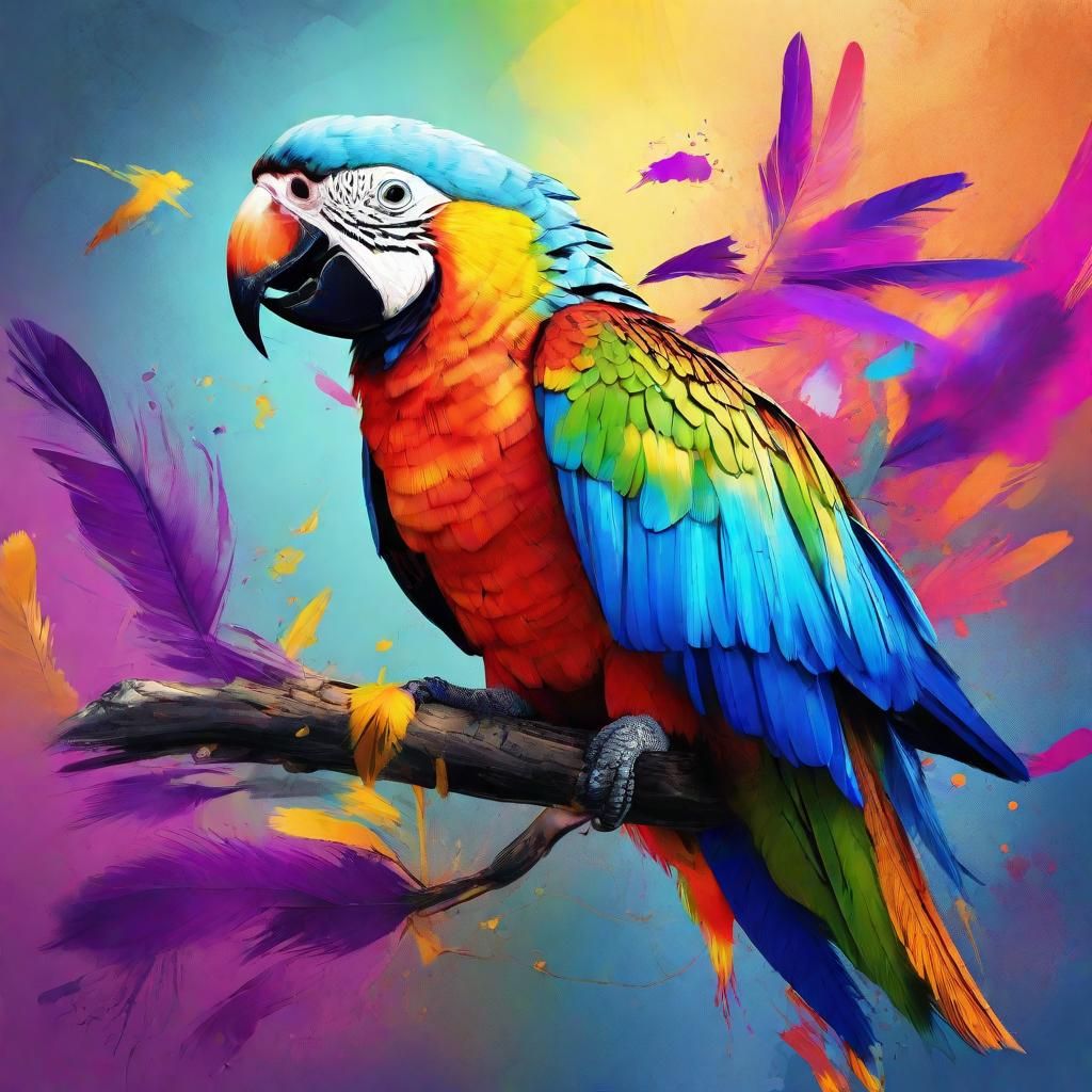 Rainbow Parrot Splash Art: Bold Brushstrokes and Ink Texture...