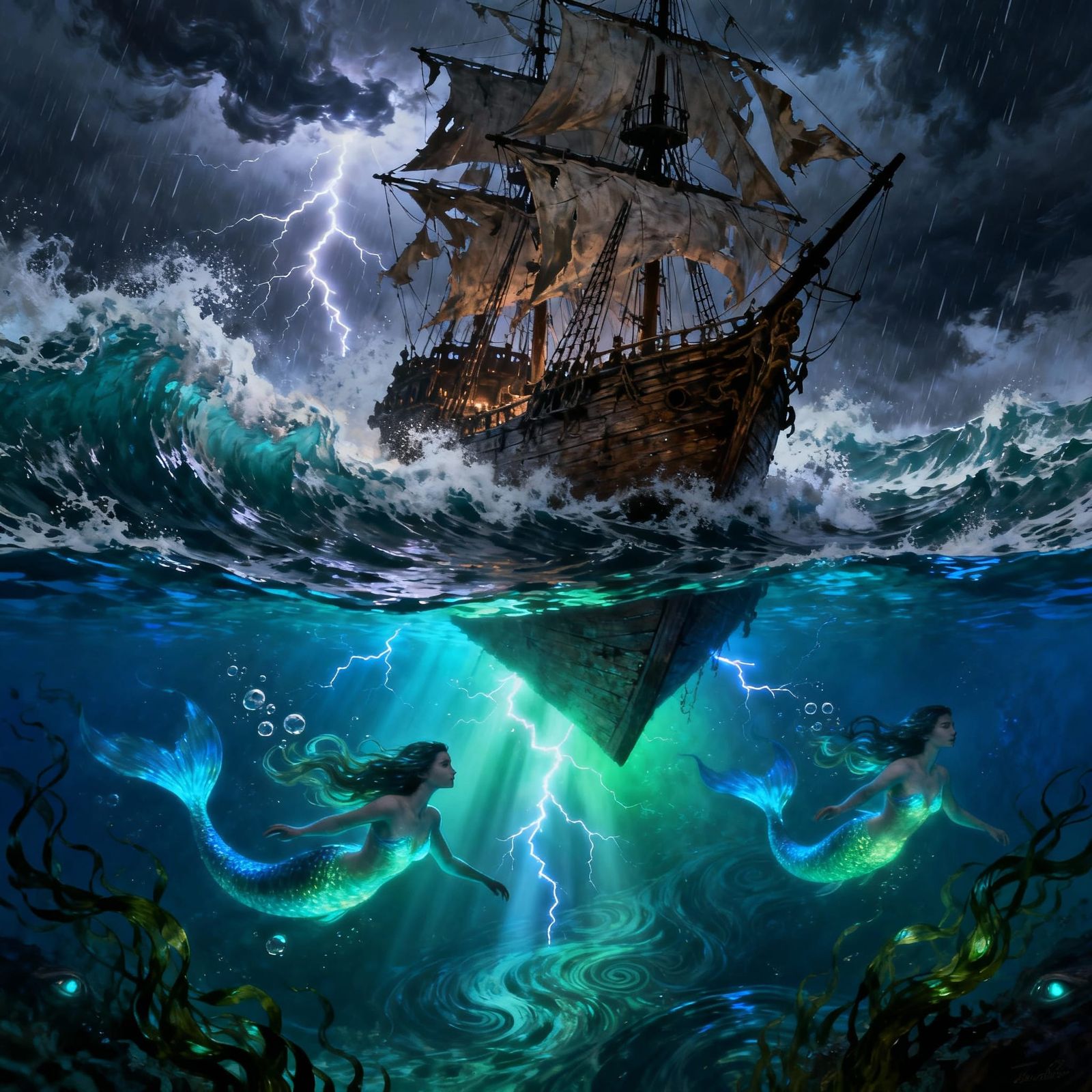 A dramatic cross-section cutaway illustration of a pirate ship sailing through a violent storm. The image is split horiz...