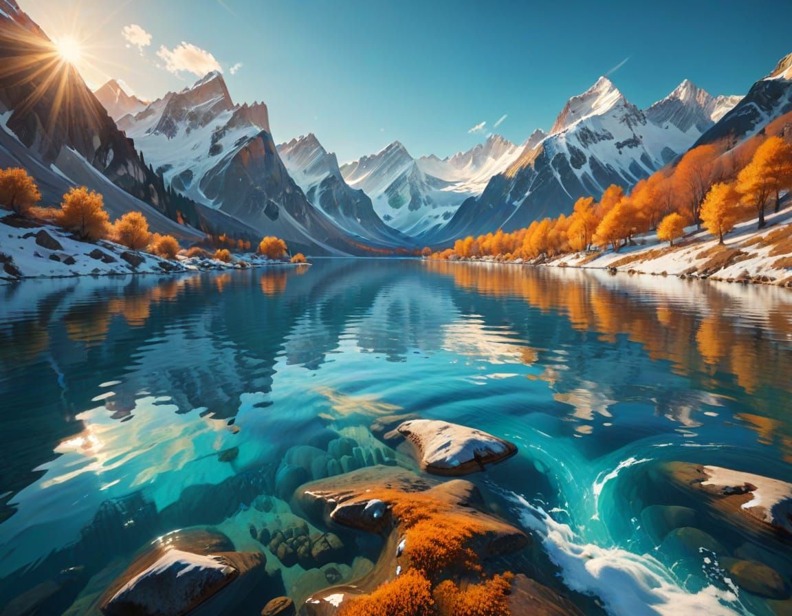 Turquoise Mountain Lake: Vibrant Oil Painting