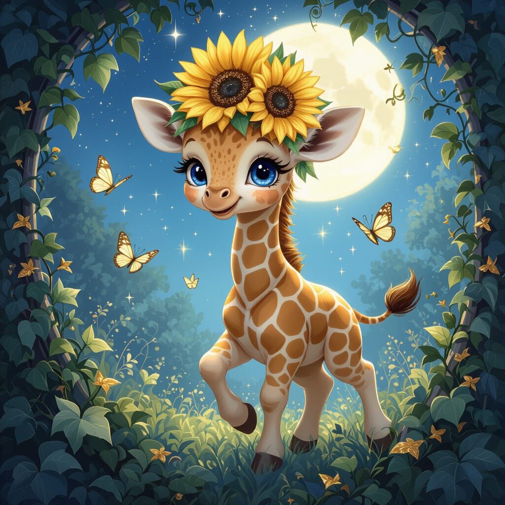Giraffe with Sunflower Headdress in Rococo Style