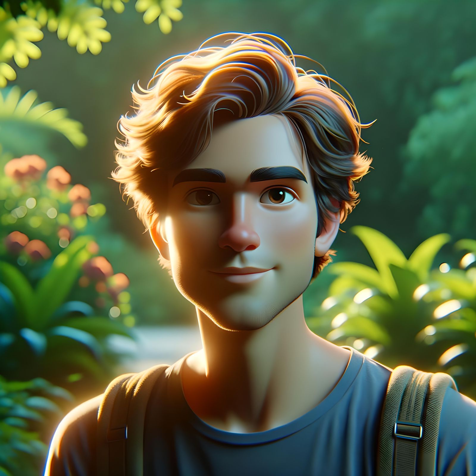CGI Cartoon Portrait of Happy Hiker in Garden