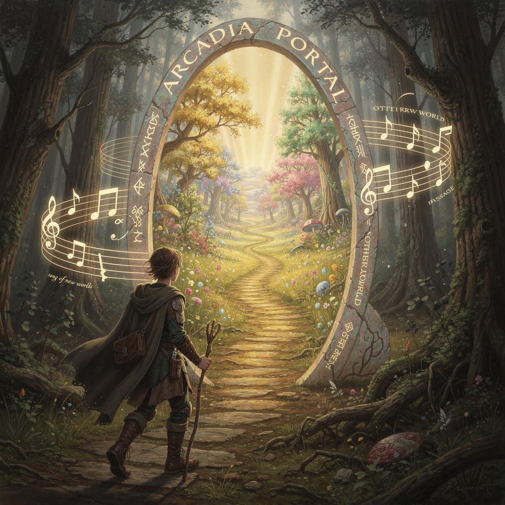 Wizard Traveler Approaches Musical Portal in Oil Painting