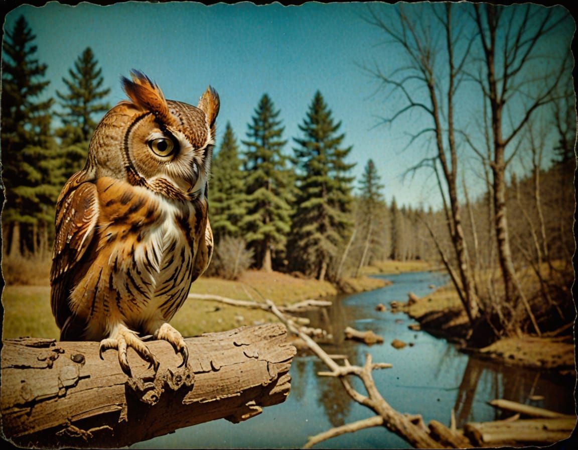 Screech Owl on Finger in Photorealistic Polaroid